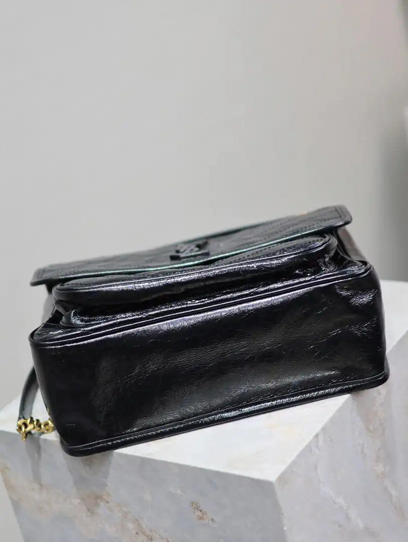 Yves Saint Laurent YSL 633158 Niki Medium In Quilted Crinkled Vintage Leather Bag Black Gold