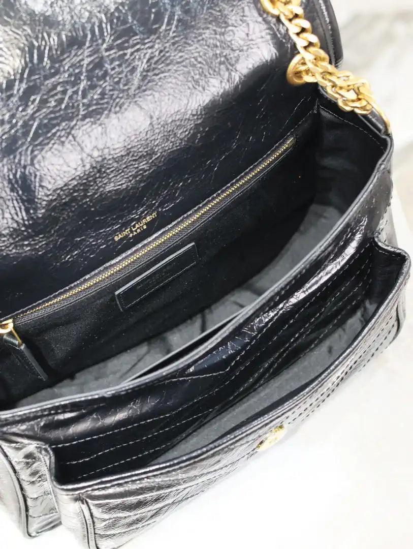 Yves Saint Laurent YSL 633158 Niki Medium In Quilted Crinkled Vintage Leather Bag Black Gold