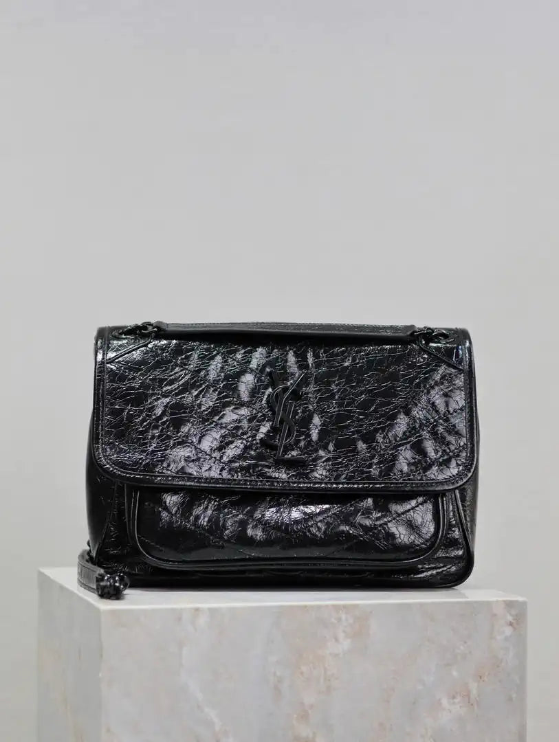 Yves Saint Laurent YSL 633158 Niki Medium In Quilted Crinkled Vintage Leather Bag Black With Black Logo