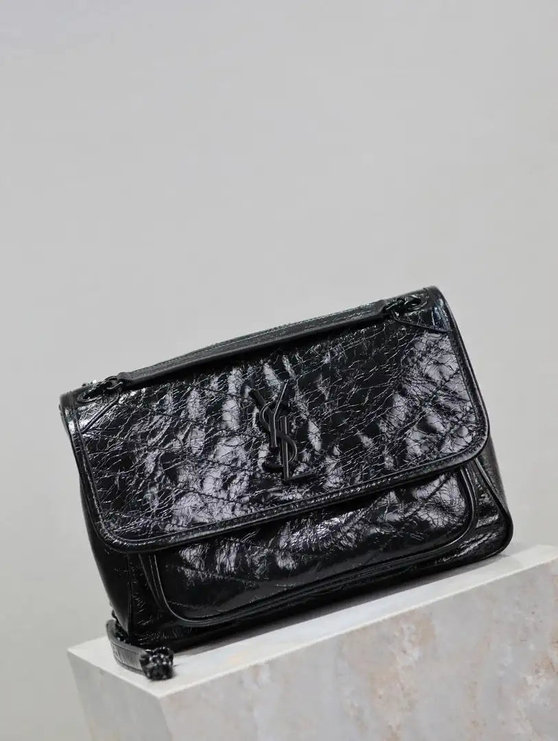 Yves Saint Laurent YSL 633158 Niki Medium In Quilted Crinkled Vintage Leather Bag Black With Black Logo