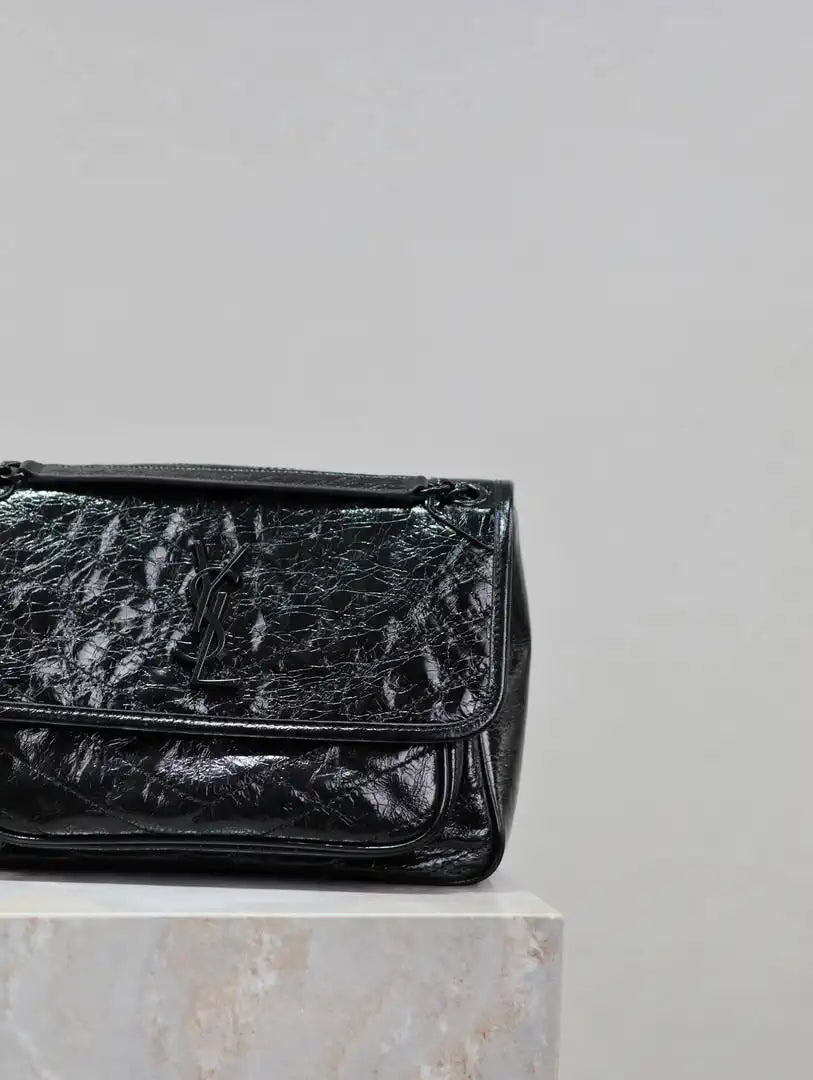 Yves Saint Laurent YSL 633158 Niki Medium In Quilted Crinkled Vintage Leather Bag Black With Black Logo