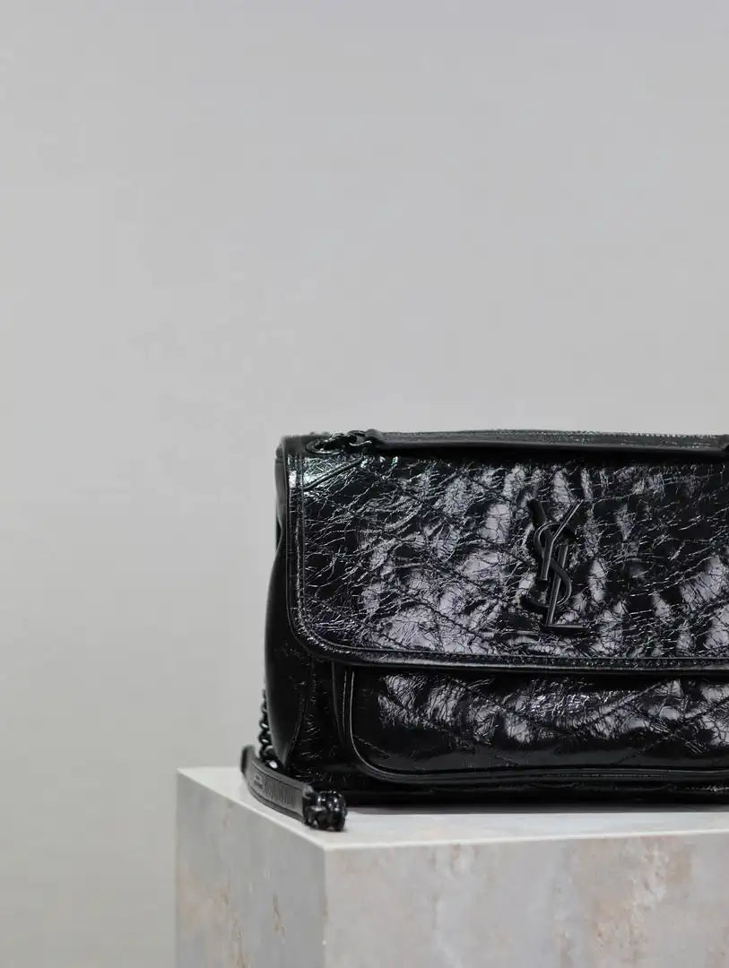 Yves Saint Laurent YSL 633158 Niki Medium In Quilted Crinkled Vintage Leather Bag Black With Black Logo