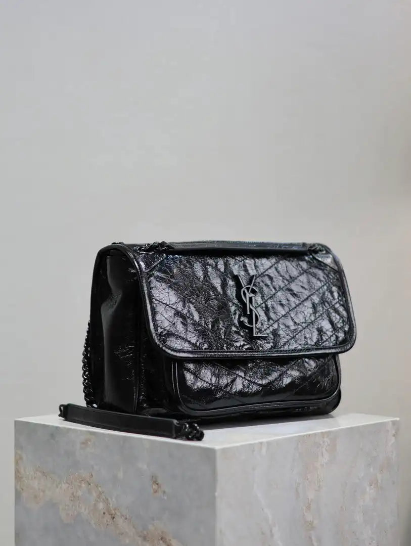 Yves Saint Laurent YSL 633158 Niki Medium In Quilted Crinkled Vintage Leather Bag Black With Black Logo