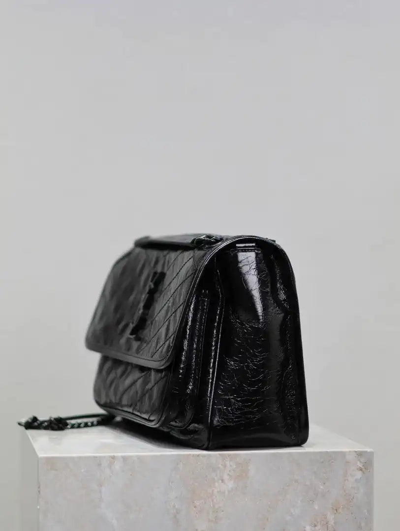 Yves Saint Laurent YSL 633158 Niki Medium In Quilted Crinkled Vintage Leather Bag Black With Black Logo
