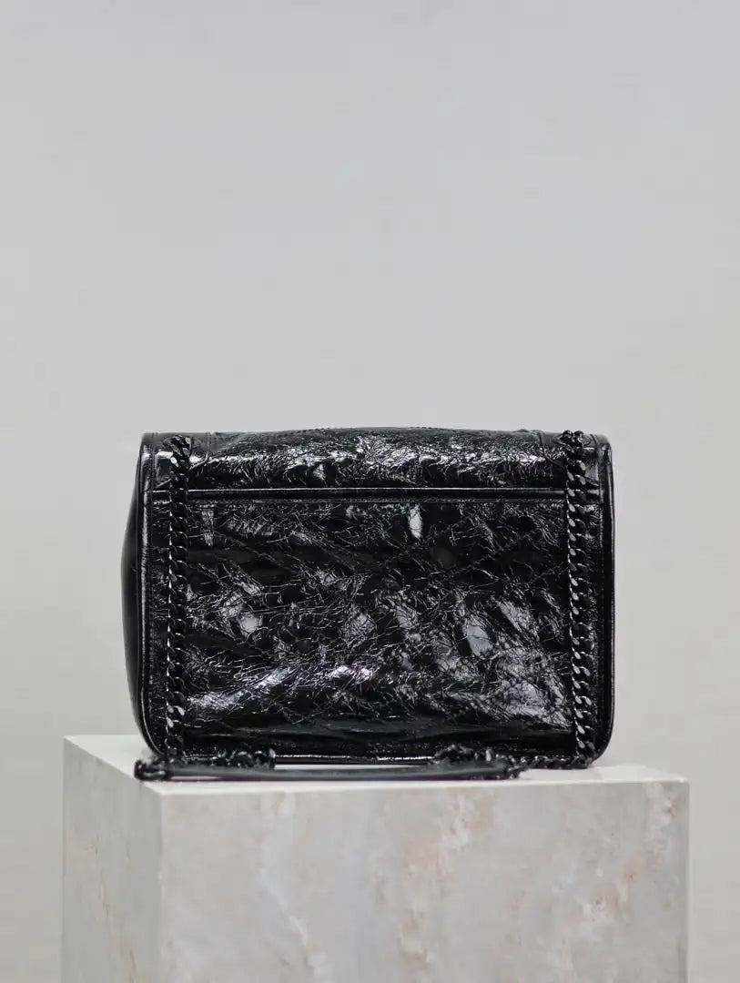Yves Saint Laurent YSL 633158 Niki Medium In Quilted Crinkled Vintage Leather Bag Black With Black Logo