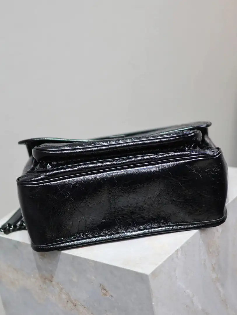 Yves Saint Laurent YSL 633158 Niki Medium In Quilted Crinkled Vintage Leather Bag Black With Black Logo