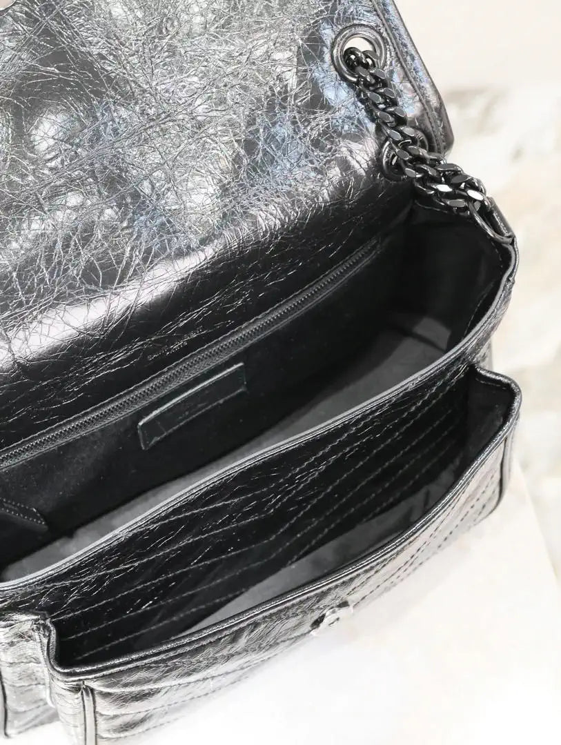Yves Saint Laurent YSL 633158 Niki Medium In Quilted Crinkled Vintage Leather Bag Black With Black Logo