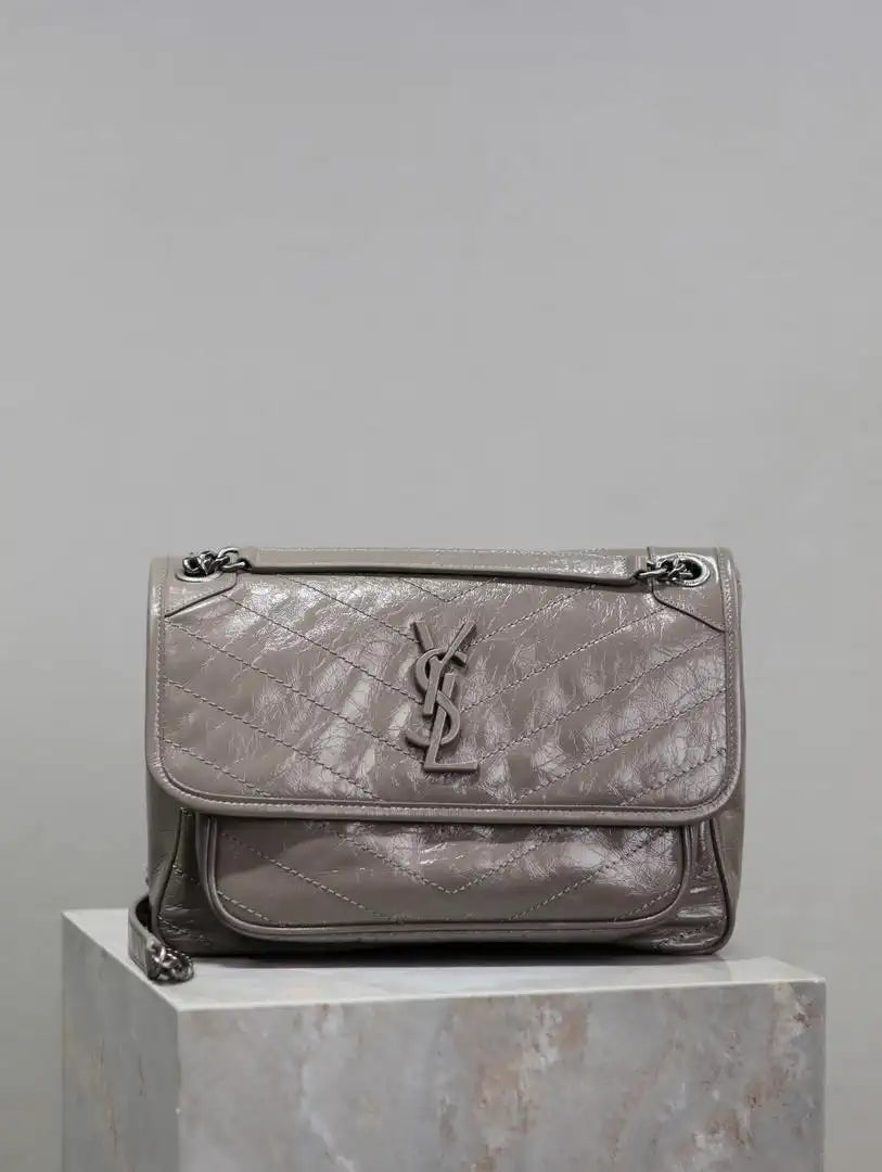 Yves Saint Laurent YSL 633158 Niki Medium In Quilted Leather Bag Gray