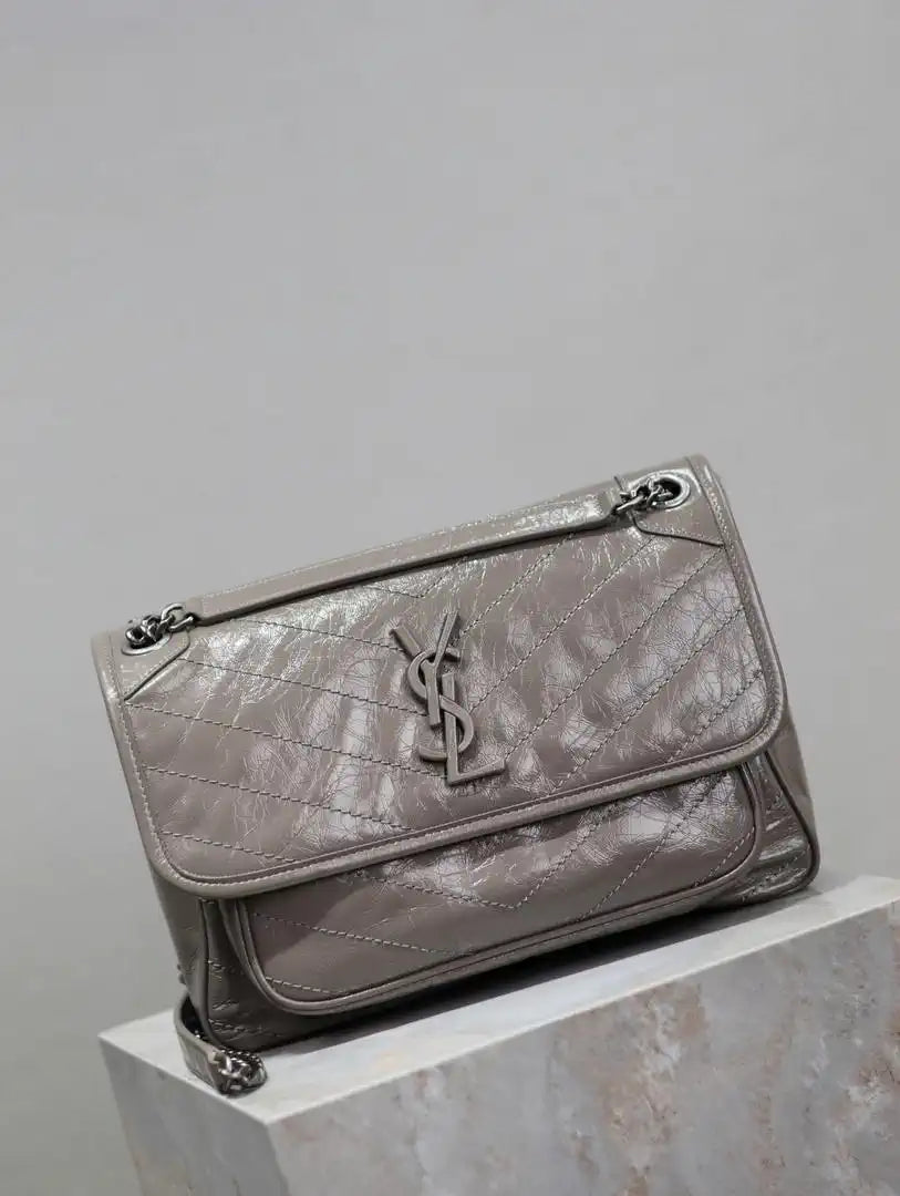 Yves Saint Laurent YSL 633158 Niki Medium In Quilted Leather Bag Gray