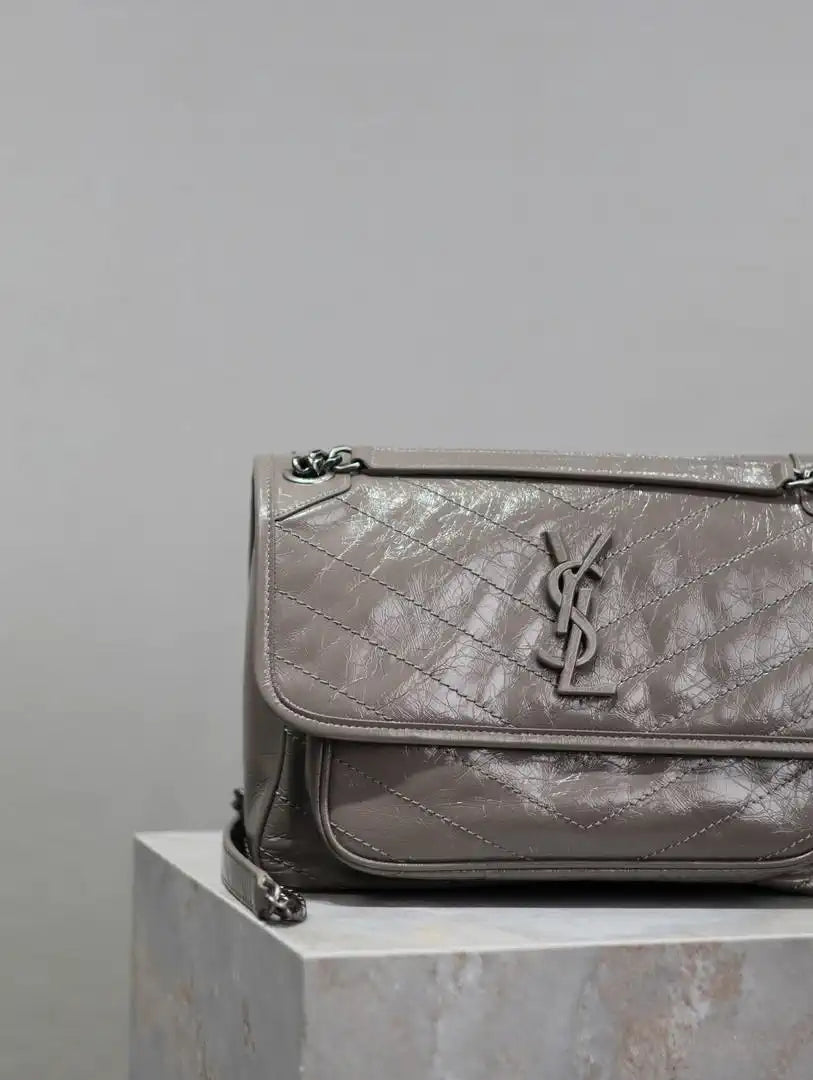 Yves Saint Laurent YSL 633158 Niki Medium In Quilted Leather Bag Gray
