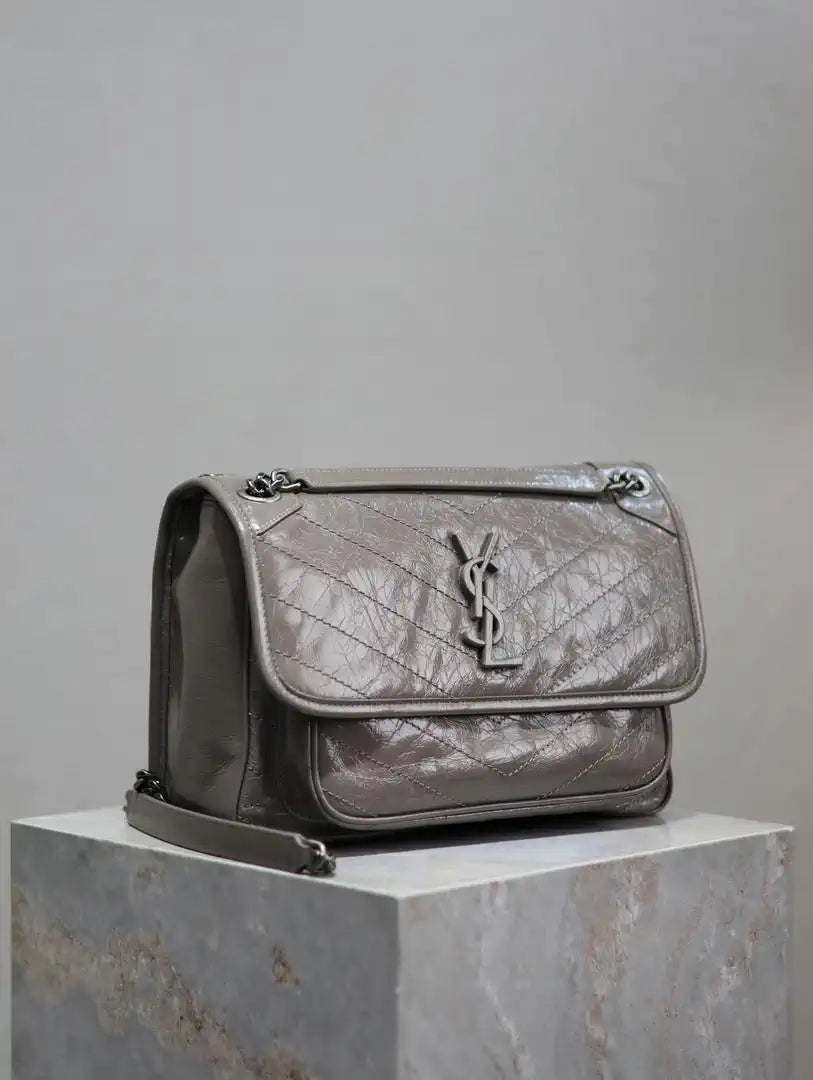 Yves Saint Laurent YSL 633158 Niki Medium In Quilted Leather Bag Gray