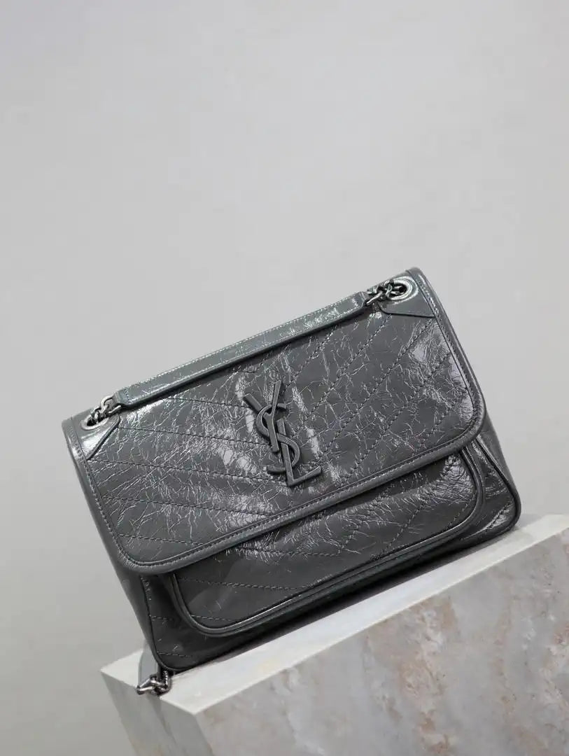 Yves Saint Laurent YSL 633158 Niki Medium In Quilted Leather Bag Dark Gray