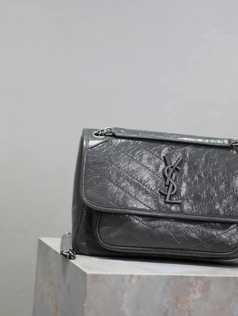 Yves Saint Laurent YSL 633158 Niki Medium In Quilted Leather Bag Dark Gray
