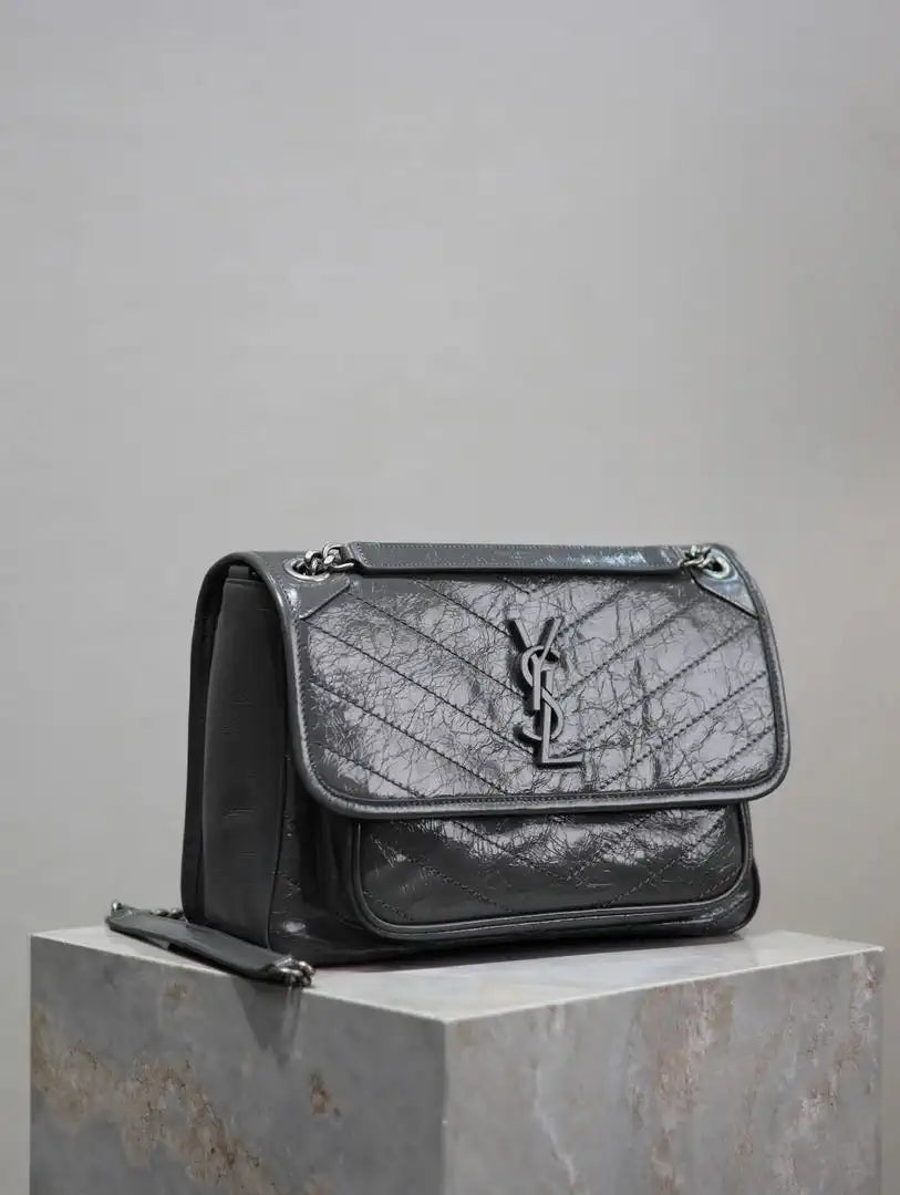 Yves Saint Laurent YSL 633158 Niki Medium In Quilted Leather Bag Dark Gray