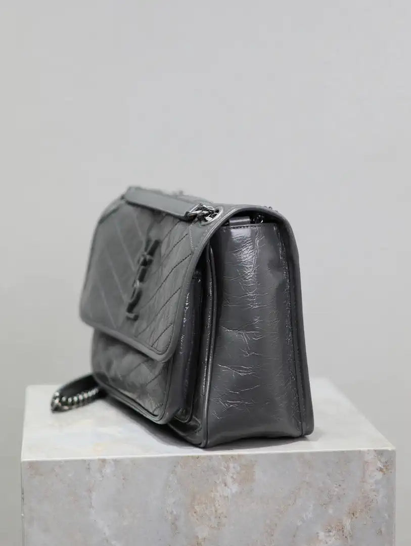 Yves Saint Laurent YSL 633158 Niki Medium In Quilted Leather Bag Dark Gray